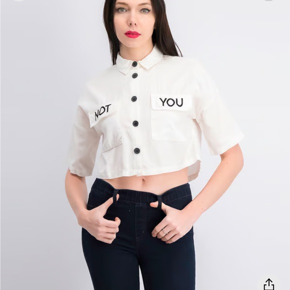 Bershka Tops - Bershka White Cropped Button-Up Shirt with Black Buttons